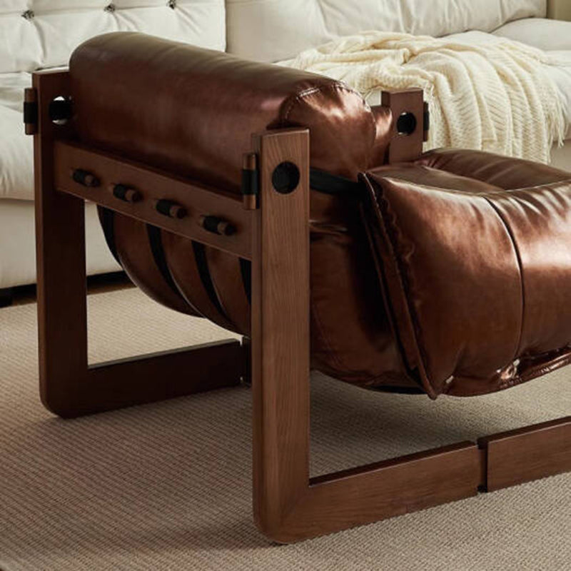 Contemporary Retro Leather Ash Wood Cotton Down Square Accent Chair Backrest Armrest For Living Room