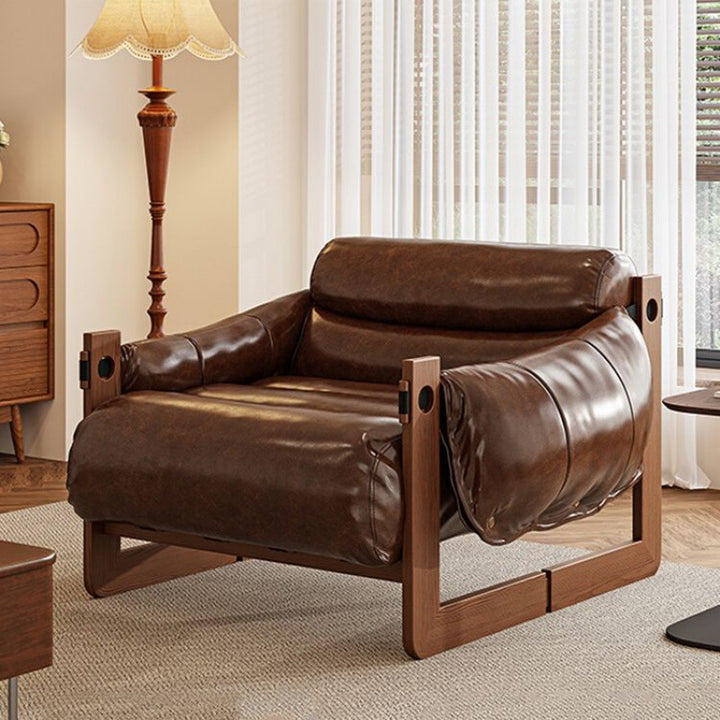 Chaise d'appoint carrée contemporaine rétro en faux cuir, bois de frêne, coton, avec dossier et accoudoirs pour salon 