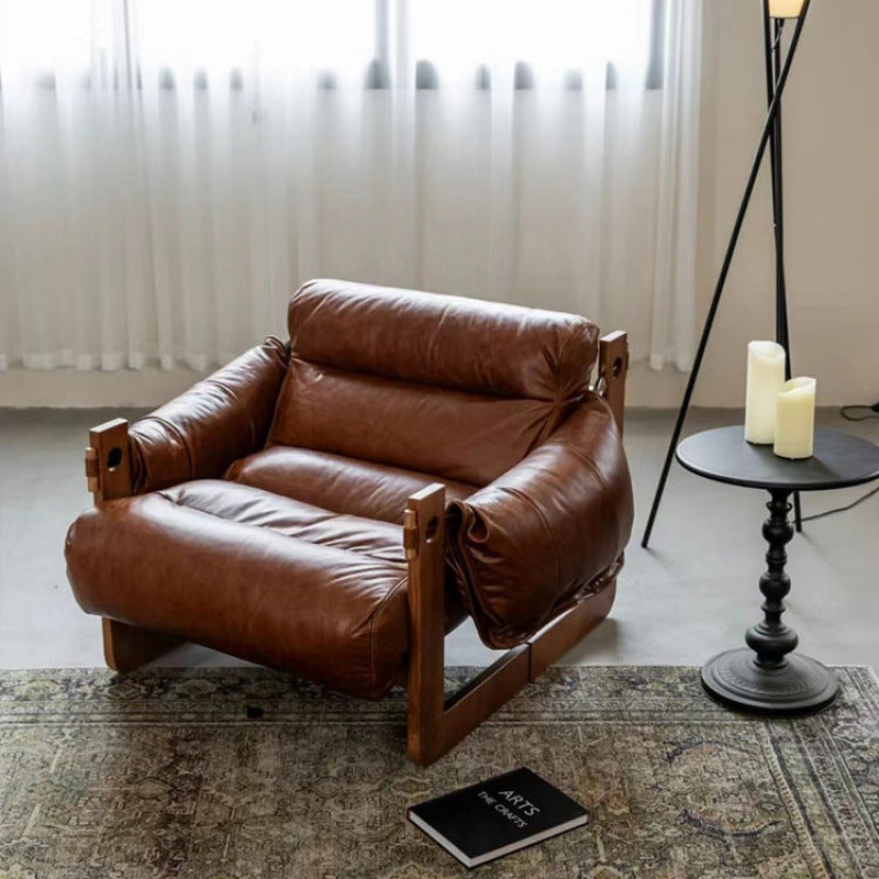 Contemporary Retro Leather Ash Wood Cotton Down Square Accent Chair Backrest Armrest For Living Room