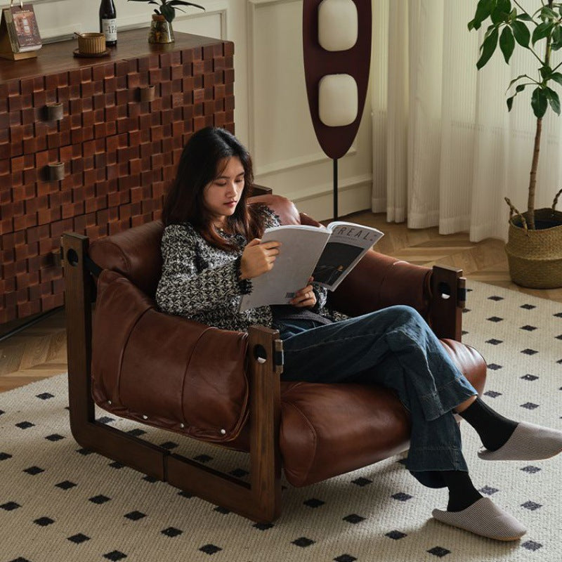 Contemporary Retro Leather Ash Wood Cotton Down Square Accent Chair Backrest Armrest For Living Room