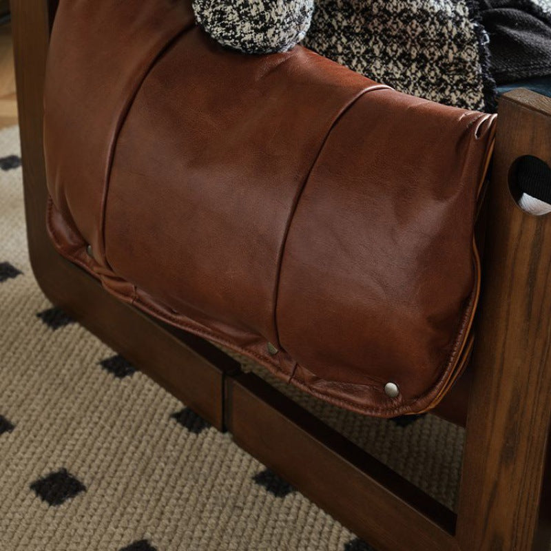 Contemporary Retro Leather Ash Wood Cotton Down Square Accent Chair Backrest Armrest For Living Room