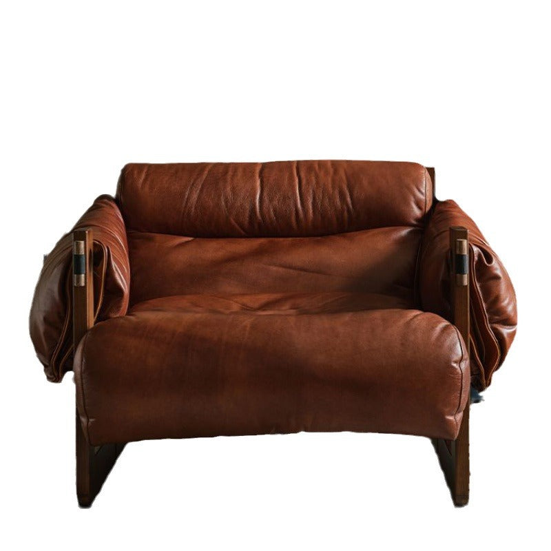 Contemporary Retro Leather Ash Wood Cotton Down Square Accent Chair Backrest Armrest For Living Room
