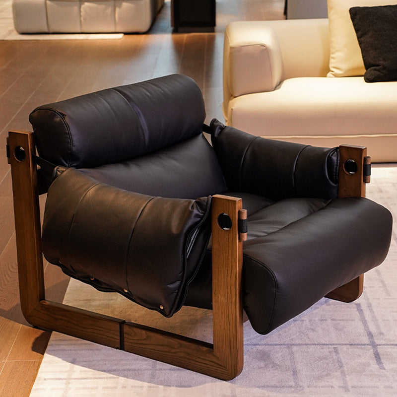 Contemporary Retro Leather Ash Wood Cotton Down Square Accent Chair Backrest Armrest For Living Room