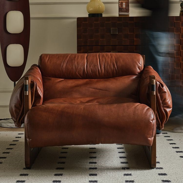 Contemporary Retro Leather Ash Wood Cotton Down Square Accent Chair Backrest Armrest For Living Room