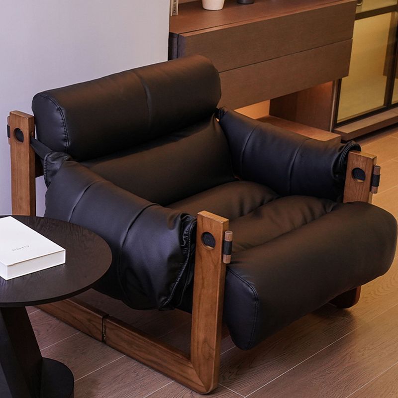 Contemporary Retro Leather Ash Wood Cotton Down Square Accent Chair Backrest Armrest For Living Room