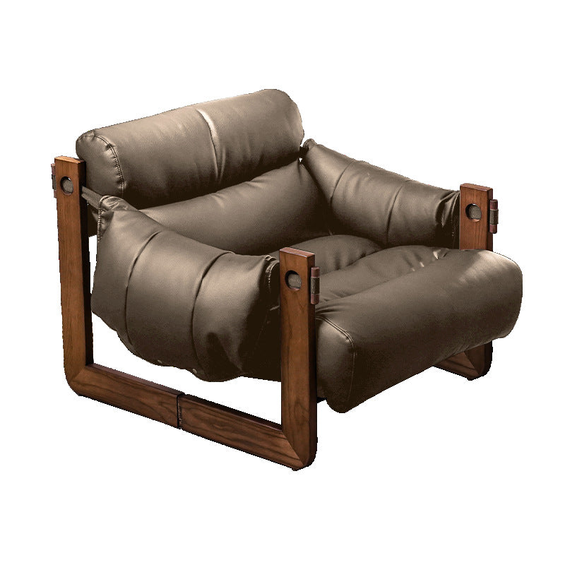 Contemporary Retro Leather Ash Wood Cotton Down Square Accent Chair Backrest Armrest For Living Room