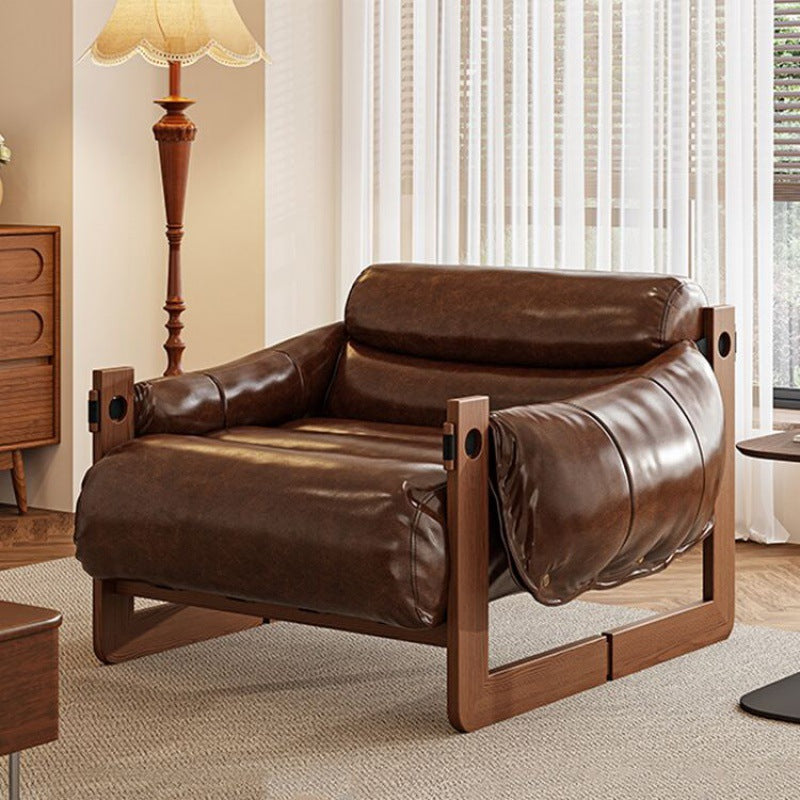 Contemporary Retro Leather Ash Wood Cotton Down Square Accent Chair Backrest Armrest For Living Room
