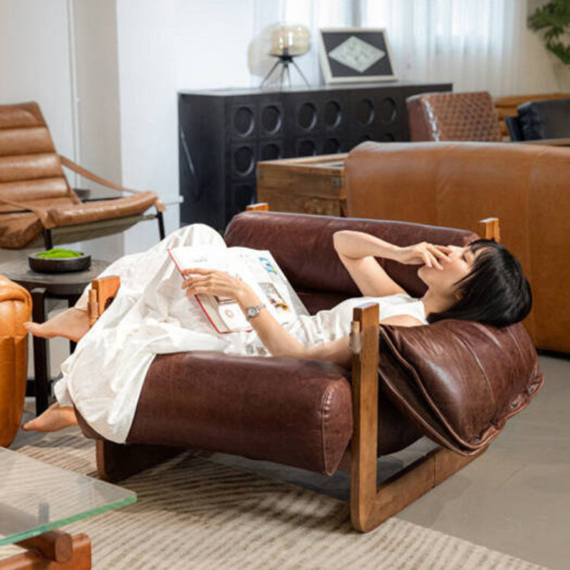 Contemporary Retro Leather Ash Wood Cotton Down Square Accent Chair Backrest Armrest For Living Room