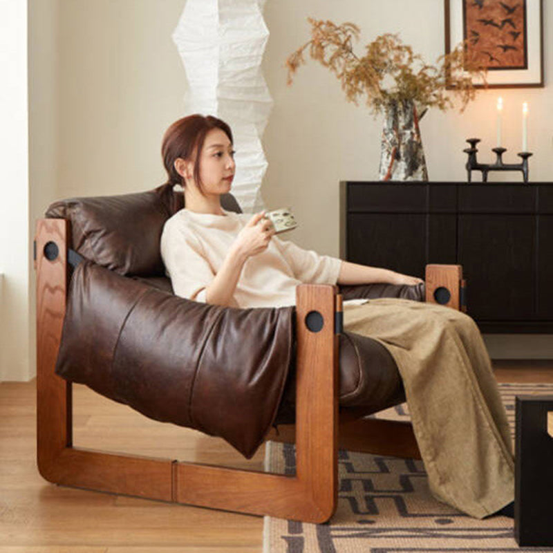 Contemporary Retro Leather Ash Wood Cotton Down Square Accent Chair Backrest Armrest For Living Room