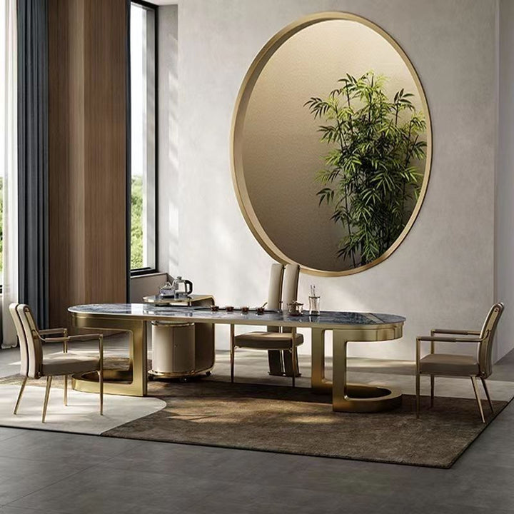 Chaise de salle à manger moderne en faux cuir de luxe avec bande carrée en métal et éponge, dossier à queue d&