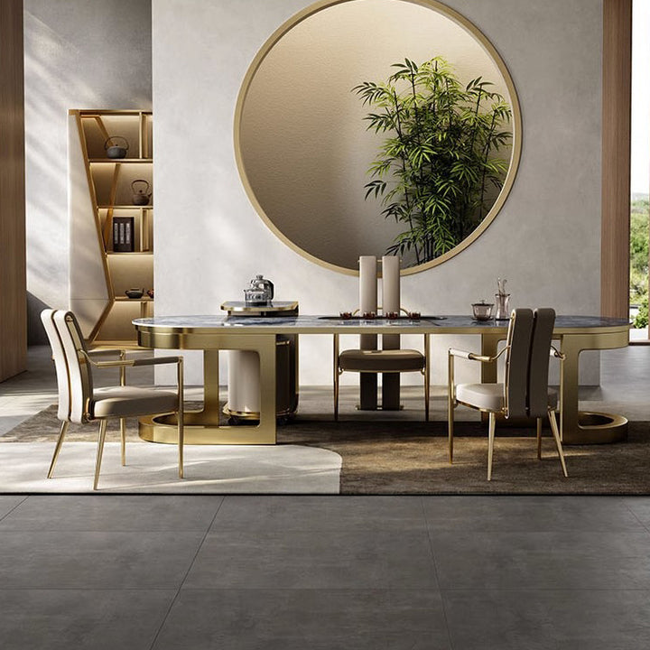 Chaise de salle à manger moderne en faux cuir de luxe avec bande carrée en métal et éponge, dossier à queue d&
