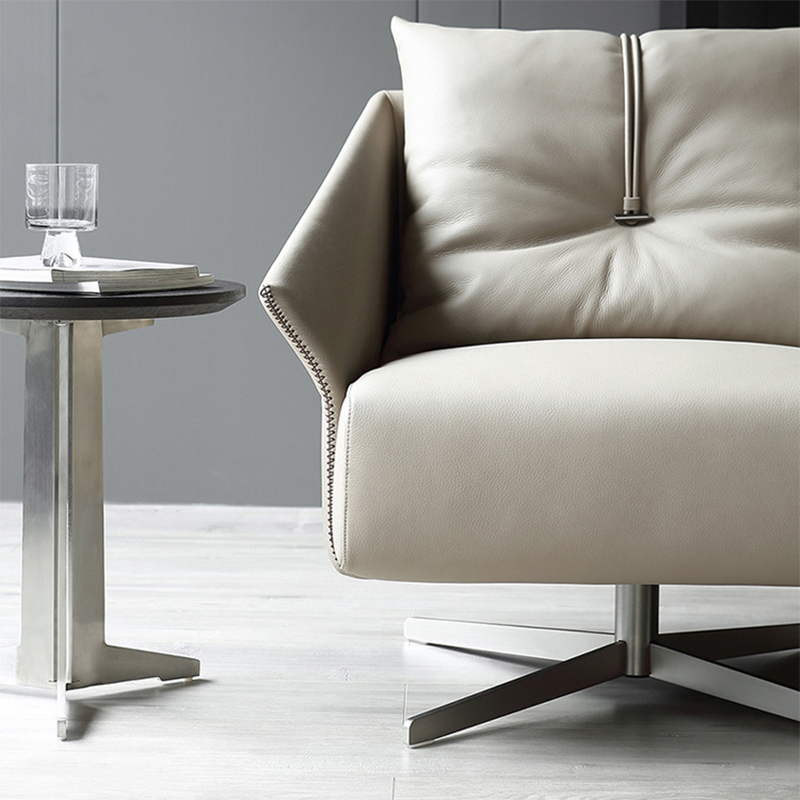 Contemporary Nordic Leather Carbon Steel Sponge Cotton Square Swivel Accent Chair Backrest Armrest For Living Room