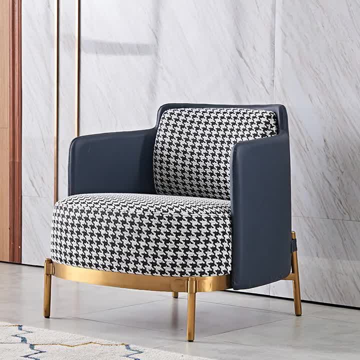 Contemporary Scandinavian Round Kilobird Check Leather Fabric Metal Sponge Accent Chair Backrest Armrest For Living Room