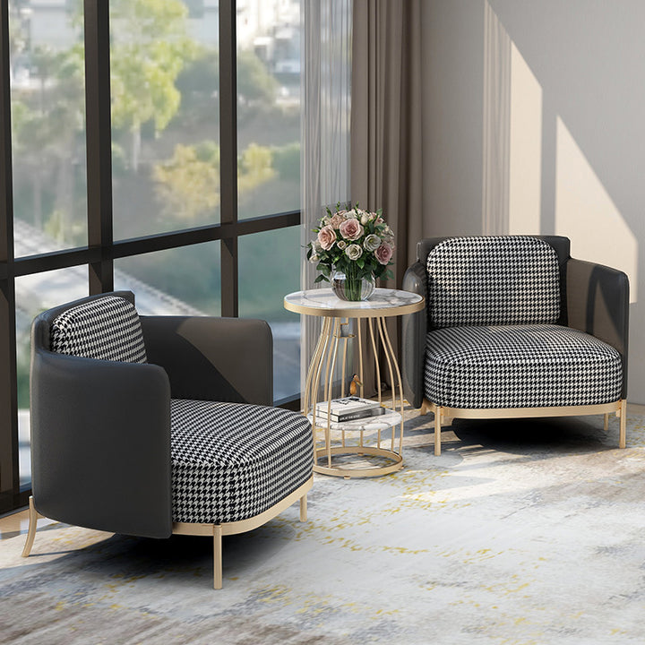Contemporary Scandinavian Round Kilobird Check Faux Leather Fabric Metal Sponge Accent Chair Backrest Armrest For Living Room
