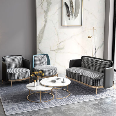 Contemporary Scandinavian Round Kilobird Check Leather Fabric Metal Sponge Accent Chair Backrest Armrest For Living Room