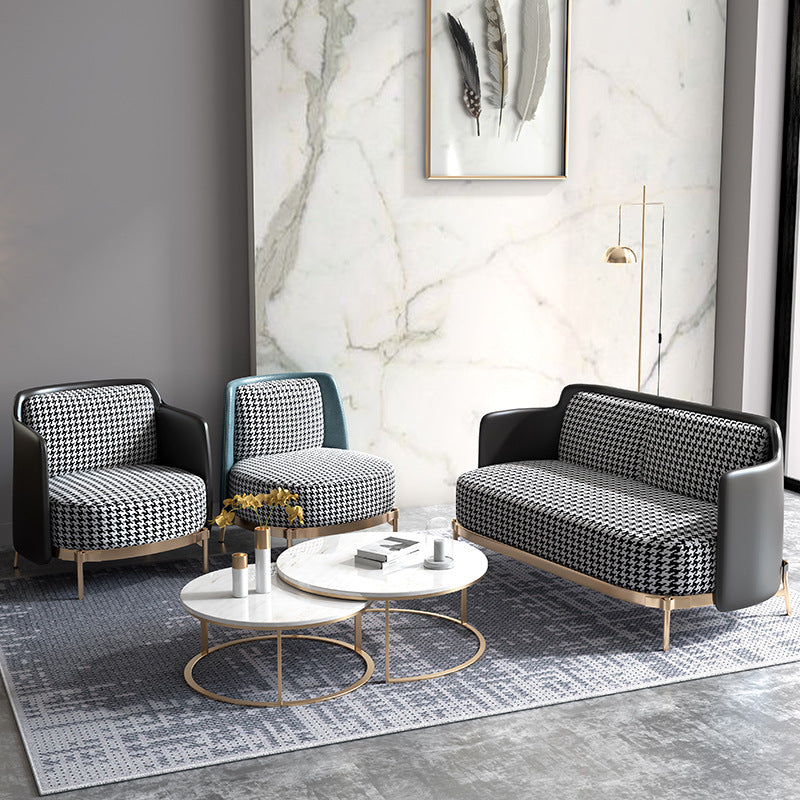 Contemporary Scandinavian Round Kilobird Check Leather Fabric Metal Sponge Accent Chair Backrest Armrest For Living Room