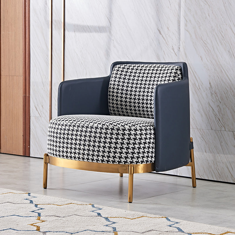 Contemporary Scandinavian Round Kilobird Check Leather Fabric Metal Sponge Accent Chair Backrest Armrest For Living Room