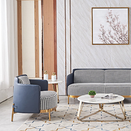 Contemporary Scandinavian Round Kilobird Check Leather Fabric Metal Sponge Accent Chair Backrest Armrest For Living Room