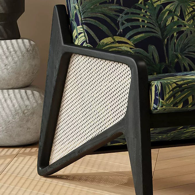 Traditioneller französischer Flechtwerk Rattan Gummi Holz Stoff Quadrat Jacquard Akzentstuhl Rückenlehne Armlehne für Wohnzimmer 