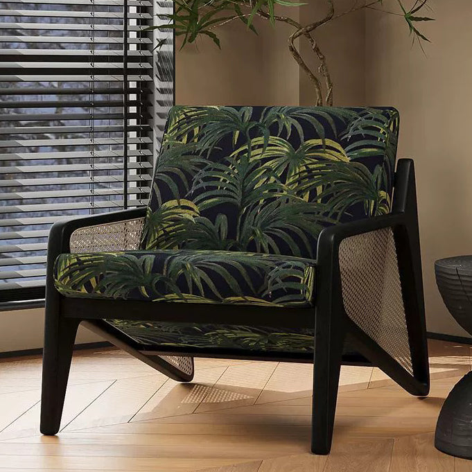 Traditioneller französischer Flechtwerk Rattan Gummi Holz Stoff Quadrat Jacquard Akzentstuhl Rückenlehne Armlehne für Wohnzimmer 