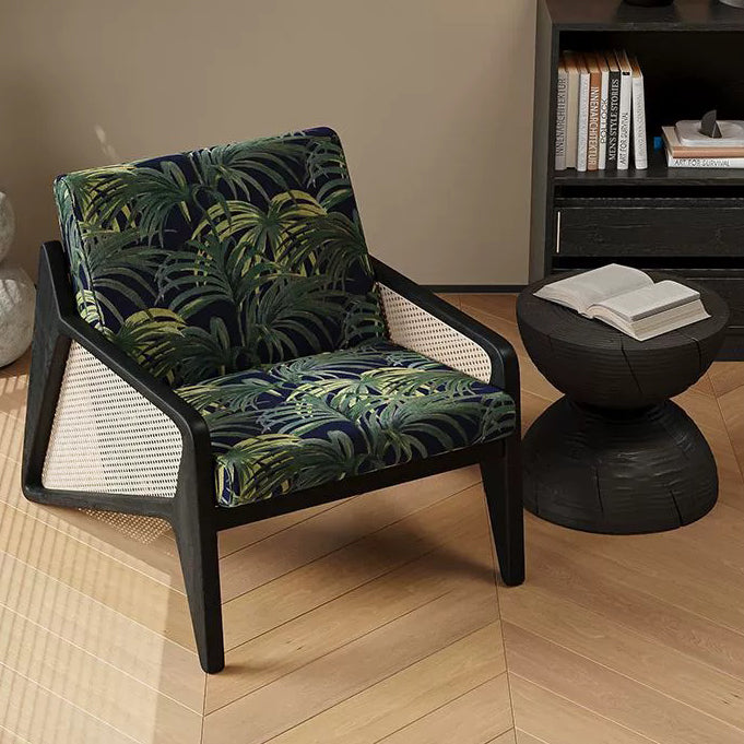 Traditioneller französischer Flechtwerk Rattan Gummi Holz Stoff Quadrat Jacquard Akzentstuhl Rückenlehne Armlehne für Wohnzimmer 