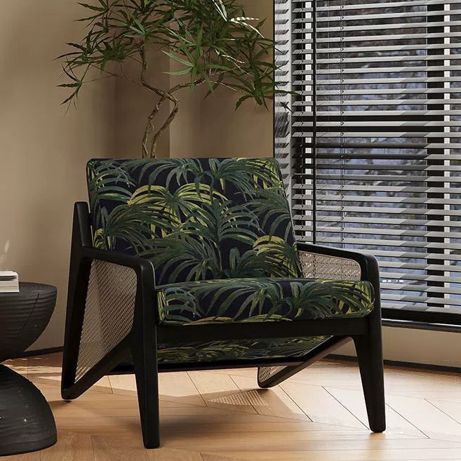 Traditioneller französischer Flechtwerk Rattan Gummi Holz Stoff Quadrat Jacquard Akzentstuhl Rückenlehne Armlehne für Wohnzimmer 