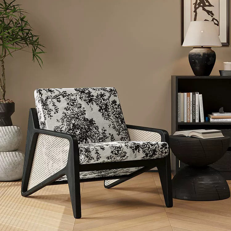 Traditioneller französischer Flechtwerk Rattan Gummi Holz Stoff Quadrat Jacquard Akzentstuhl Rückenlehne Armlehne für Wohnzimmer 