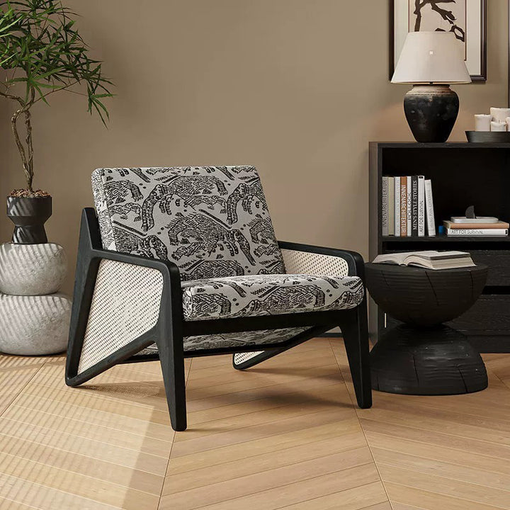 Tissage traditionnel français en rotin caoutchouc bois tissu carré jacquard fauteuil d'accent dossier accoudoir pour salon 