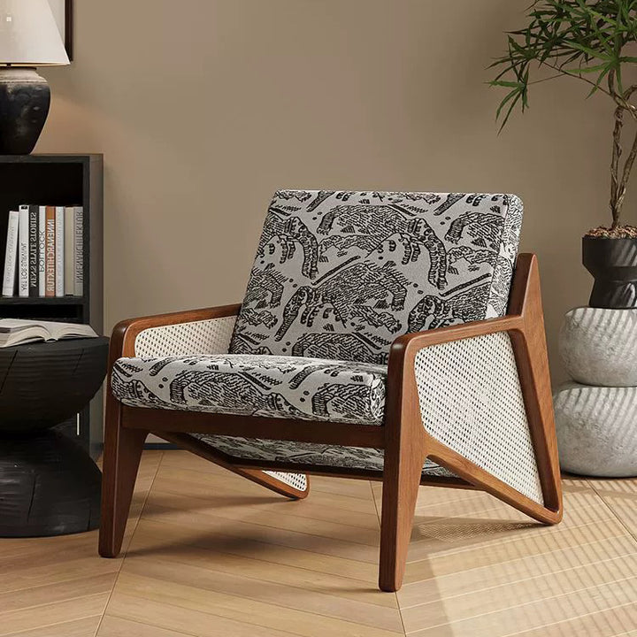 Tissage traditionnel français en rotin caoutchouc bois tissu carré jacquard fauteuil d'accent dossier accoudoir pour salon 