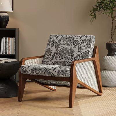 Traditional French Weaving Rattan Rubber Wood Fabric Square Jacquard Accent Chair Backrest Armrest For Living Room
