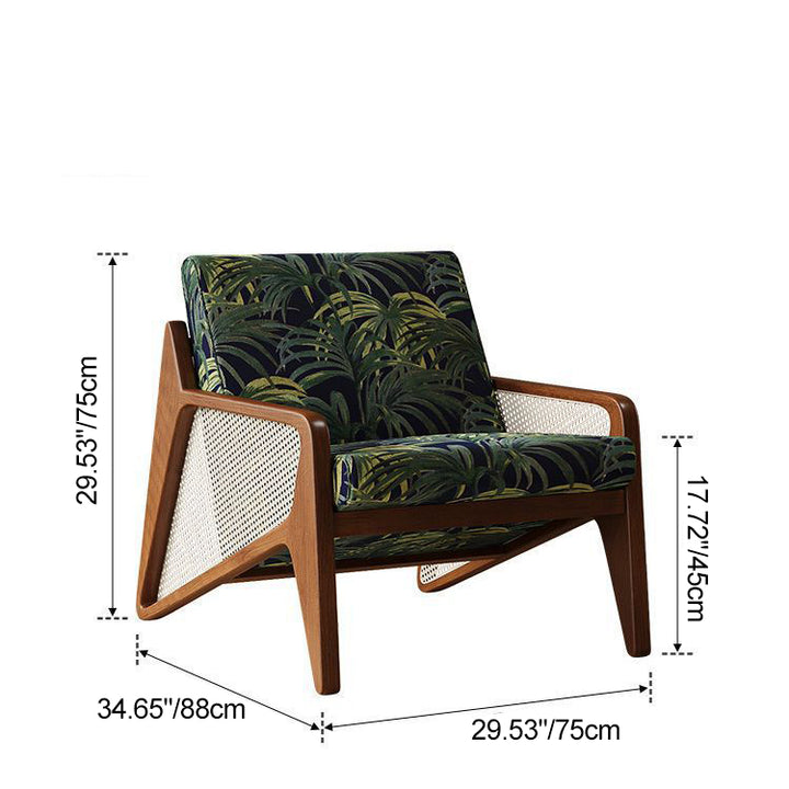 Traditioneller französischer Flechtwerk Rattan Gummi Holz Stoff Quadrat Jacquard Akzentstuhl Rückenlehne Armlehne für Wohnzimmer 