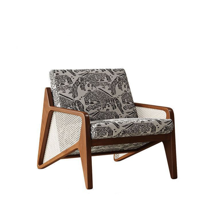 Traditioneller französischer Flechtwerk Rattan Gummi Holz Stoff Quadrat Jacquard Akzentstuhl Rückenlehne Armlehne für Wohnzimmer 