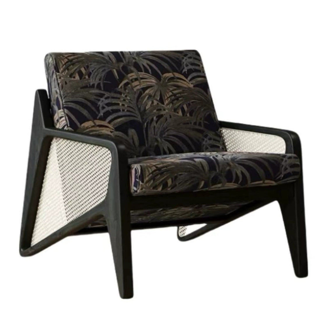 Traditioneller französischer Flechtwerk Rattan Gummi Holz Stoff Quadrat Jacquard Akzentstuhl Rückenlehne Armlehne für Wohnzimmer 