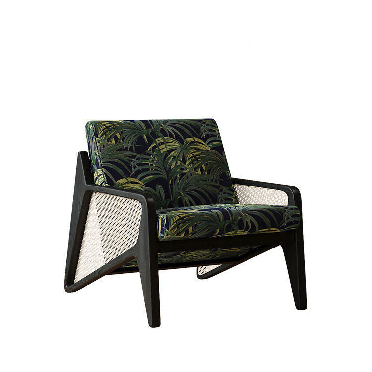 Traditioneller französischer Flechtwerk Rattan Gummi Holz Stoff Quadrat Jacquard Akzentstuhl Rückenlehne Armlehne für Wohnzimmer 