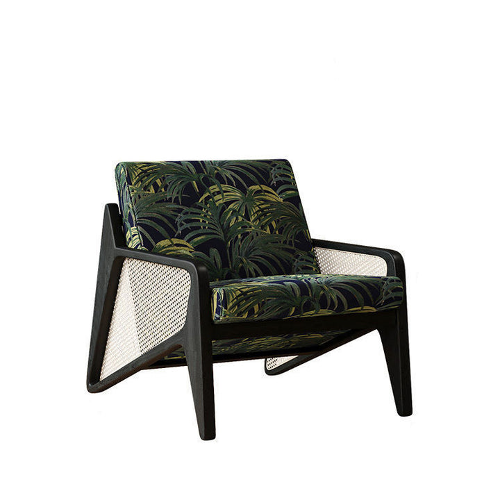 Traditioneller französischer Flechtwerk Rattan Gummi Holz Stoff Quadrat Jacquard Akzentstuhl Rückenlehne Armlehne für Wohnzimmer 