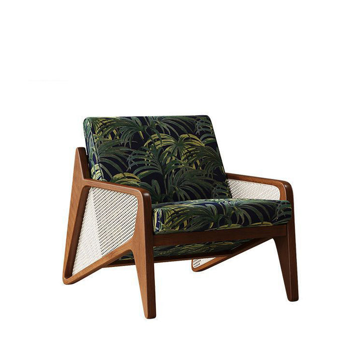 Traditioneller französischer Flechtwerk Rattan Gummi Holz Stoff Quadrat Jacquard Akzentstuhl Rückenlehne Armlehne für Wohnzimmer 
