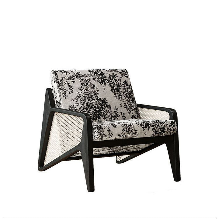 Traditioneller französischer Flechtwerk Rattan Gummi Holz Stoff Quadrat Jacquard Akzentstuhl Rückenlehne Armlehne für Wohnzimmer 