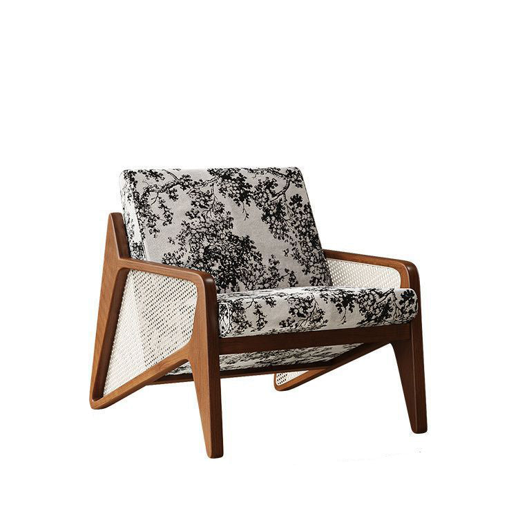 Traditioneller französischer Flechtwerk Rattan Gummi Holz Stoff Quadrat Jacquard Akzentstuhl Rückenlehne Armlehne für Wohnzimmer 