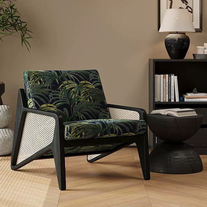 Traditioneller französischer Flechtwerk Rattan Gummi Holz Stoff Quadrat Jacquard Akzentstuhl Rückenlehne Armlehne für Wohnzimmer 