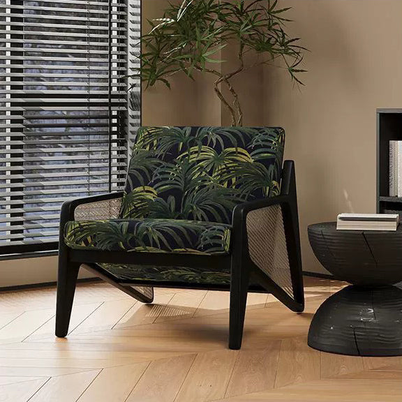 Traditional French Weaving Rattan Rubber Wood Fabric Square Jacquard Accent Chair Backrest Armrest For Living Room