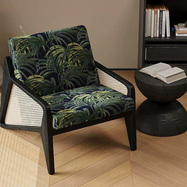 Traditioneller französischer Flechtwerk Rattan Gummi Holz Stoff Quadrat Jacquard Akzentstuhl Rückenlehne Armlehne für Wohnzimmer 