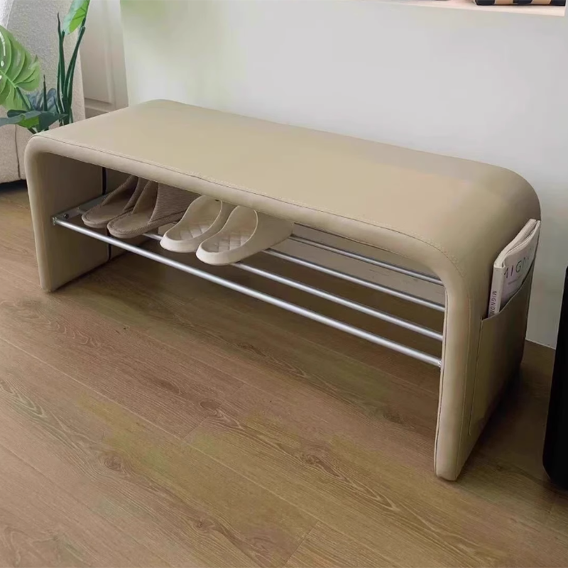 Modern Simplicity Leather Carbon Steel Rectangular Shoe Shelf Bench 2-Tier Storage For Entryway