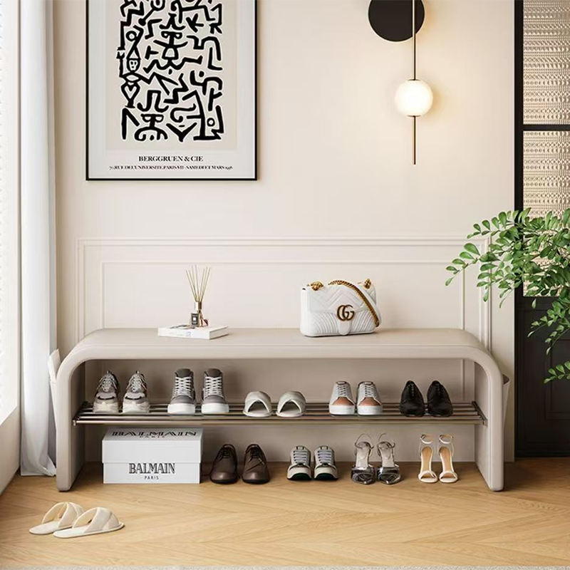 Modern Simplicity Leather Carbon Steel Rectangular Shoe Shelf Bench 2-Tier Storage For Entryway