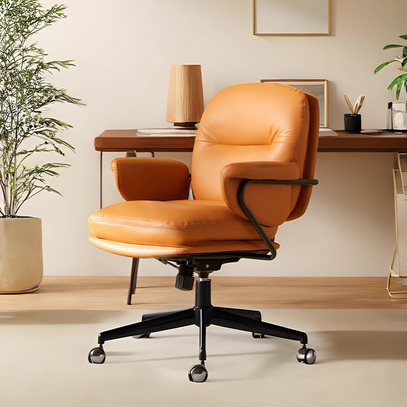 Modern Simplicity Cowhide Leather Metal Square Toast Liftable Swivel Desk Chair Backrest Armrest For Home Office