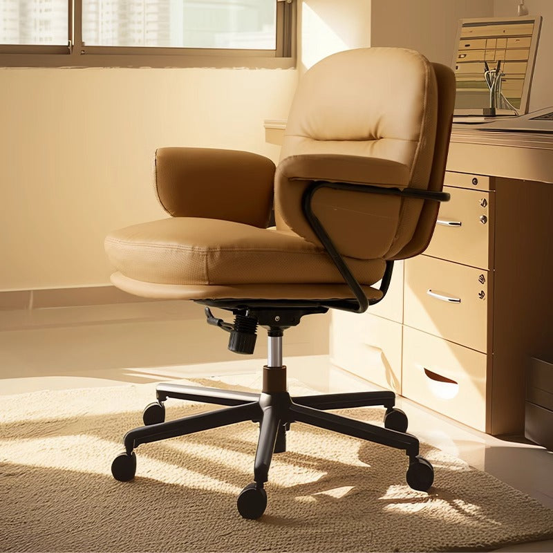 Modern Simplicity Cowhide Leather Metal Square Toast Liftable Swivel Desk Chair Backrest Armrest For Home Office