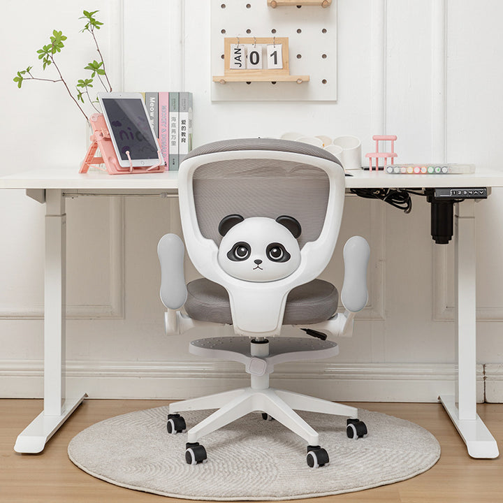 Chaise de bureau pivotante en maille carrée panda contemporaine pour enfants créatifs avec dossier, accoudoirs et repose-pieds en nylon PP matériel latex réglable pour l'étude 