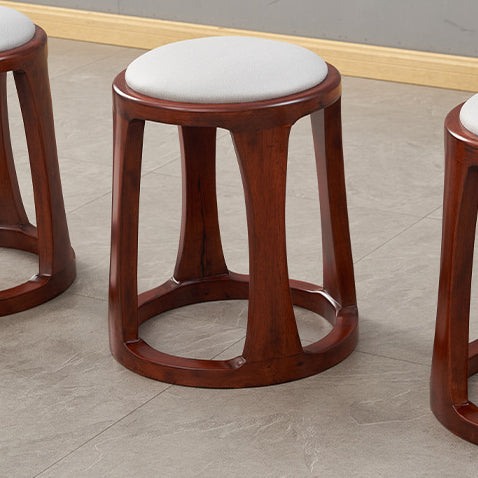 Taburete bajo redondo de madera de caucho, tela sintética de estilo chino tradicional y polipiel napa para salón y dormitorio 