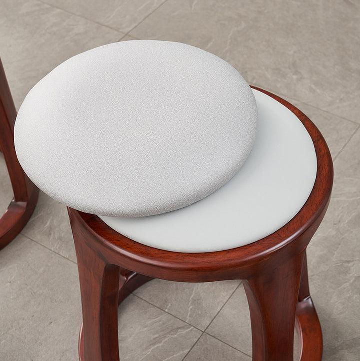 Taburete bajo redondo de madera de caucho, tela sintética de estilo chino tradicional y polipiel napa para salón y dormitorio 