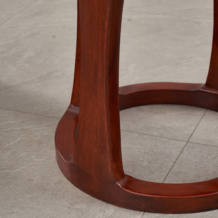 Taburete bajo redondo de madera de caucho, tela sintética de estilo chino tradicional y polipiel napa para salón y dormitorio 