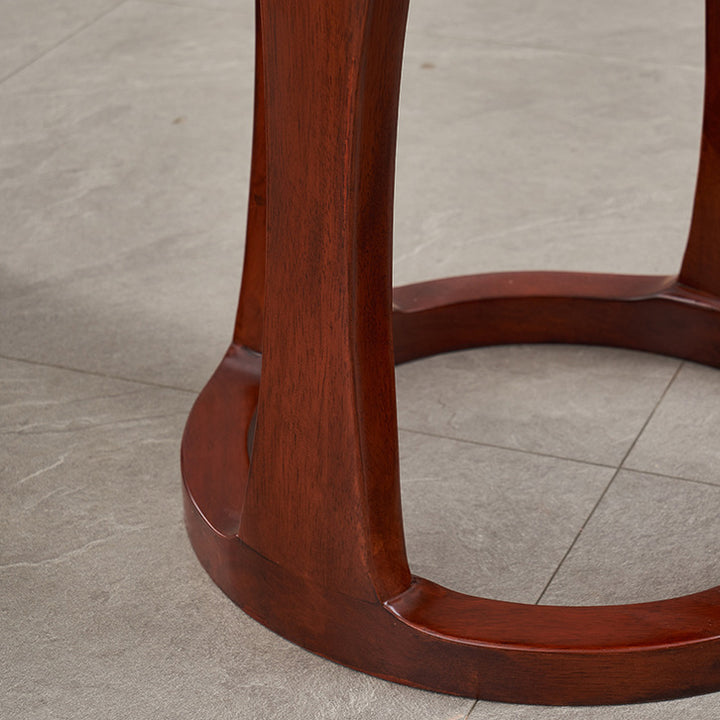 Taburete bajo redondo de madera de caucho, tela sintética de estilo chino tradicional y polipiel napa para salón y dormitorio 